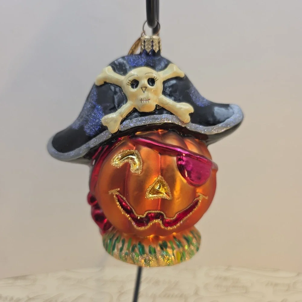 Christopher Radko Pirate Patch Pumpkin Halloween Glass Ornament 5